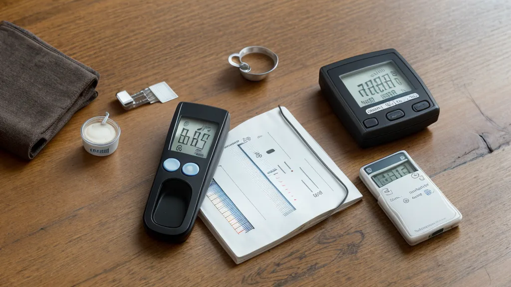 Primer plano de un glucómetro digital con pantalla retroiluminada, fácil de leer para el cuidado en casa de un adulto mayor con diabetes.
