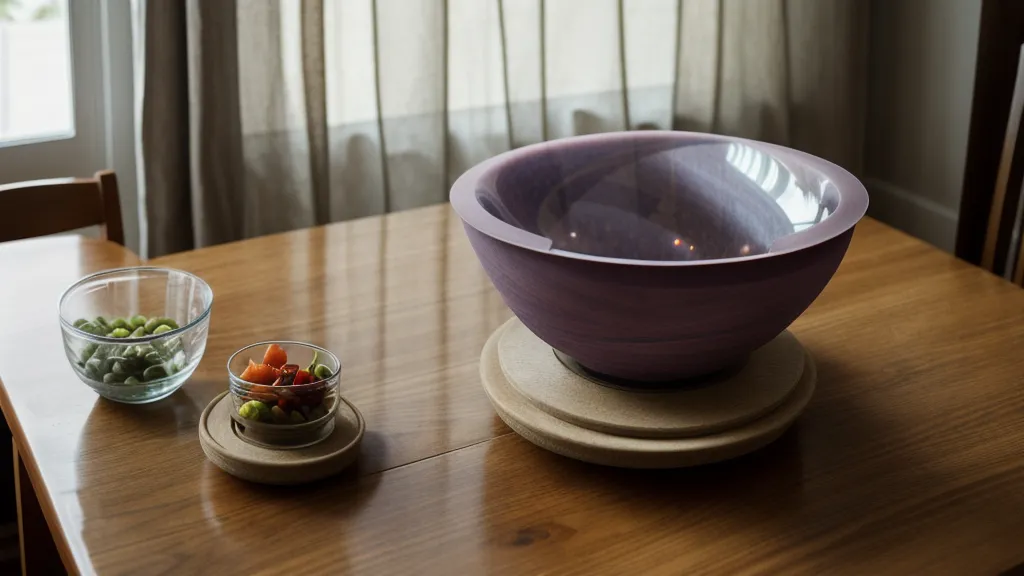 Primer plano de un plato de silicón azul con ventosa y borde elevado sobre mesa de madera.