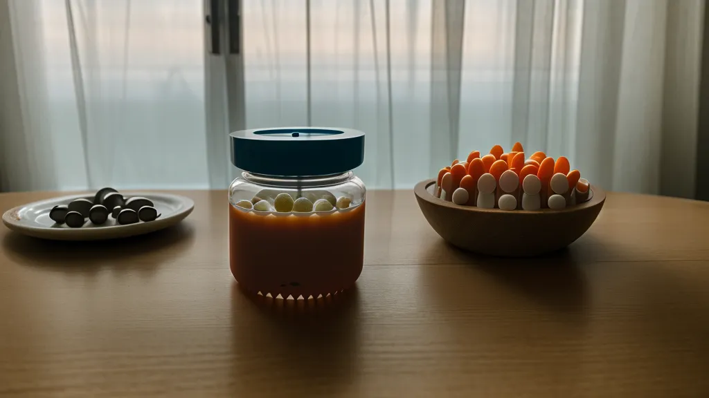 Triturador de pastillas manual junto a un vaso de agua y puré en una mesa de cocina.